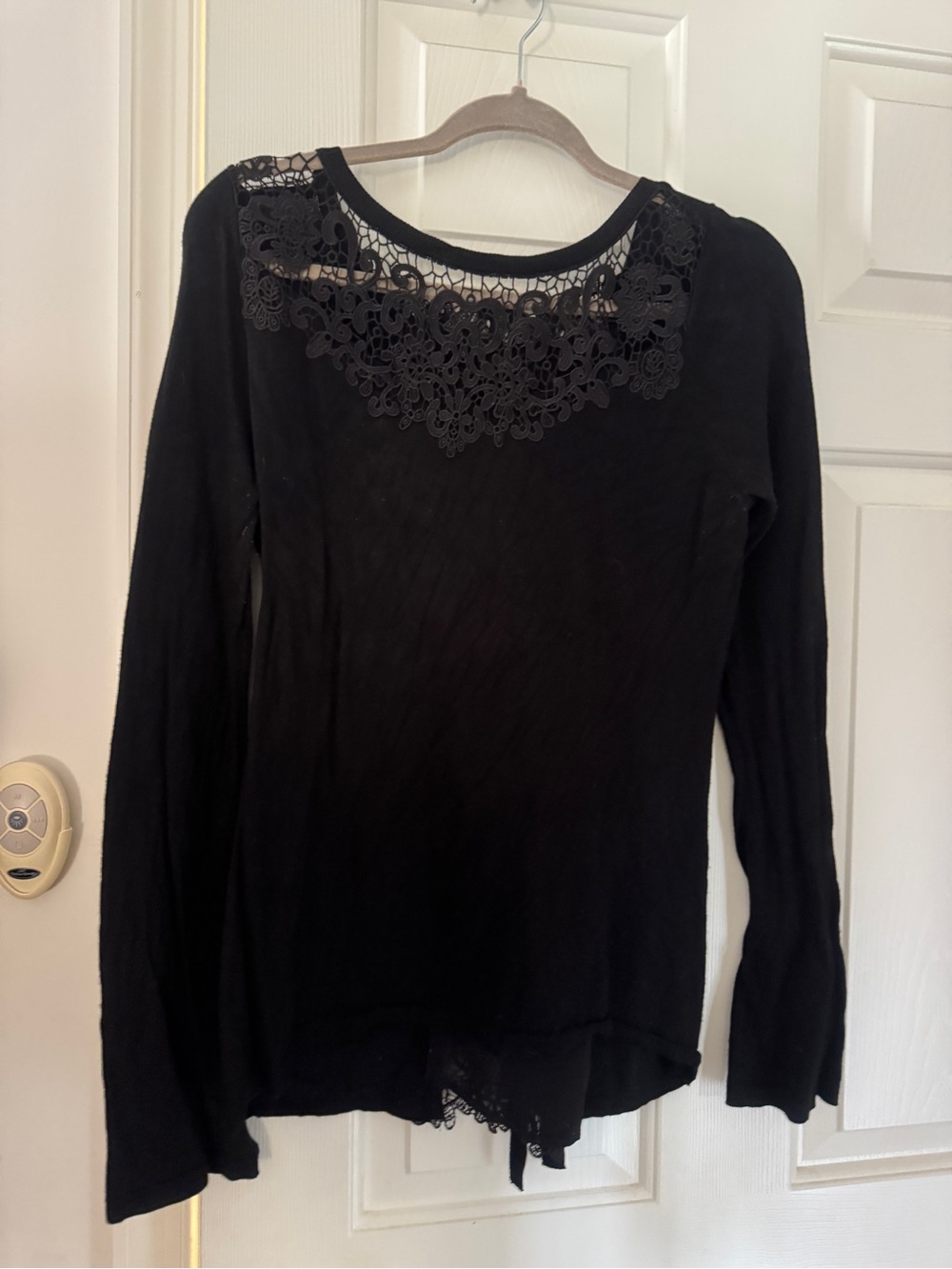 White House Black Market Black Long-Sleeve Top with Lace Yoke